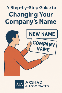 Illustration showing a business team planning a company name change with digital documents, charts, and branding strategy icons.