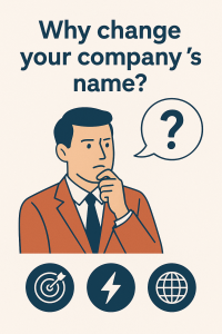 Visual representation of common problems during a company name change, including accounting software errors, tax mismatches, and payroll slip discrepancies.
